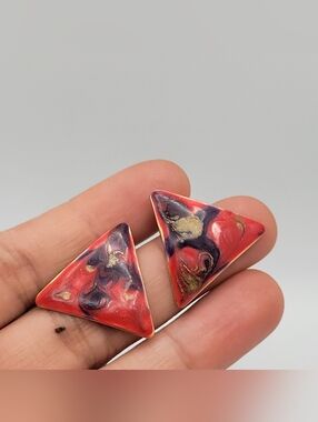 Artisan Red and Purple Triangle Resin Stud Earrings - Gold Accent